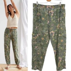 Anthropologie Classic Seamed Joggers Pants Green Floral Linen Blend Size Large